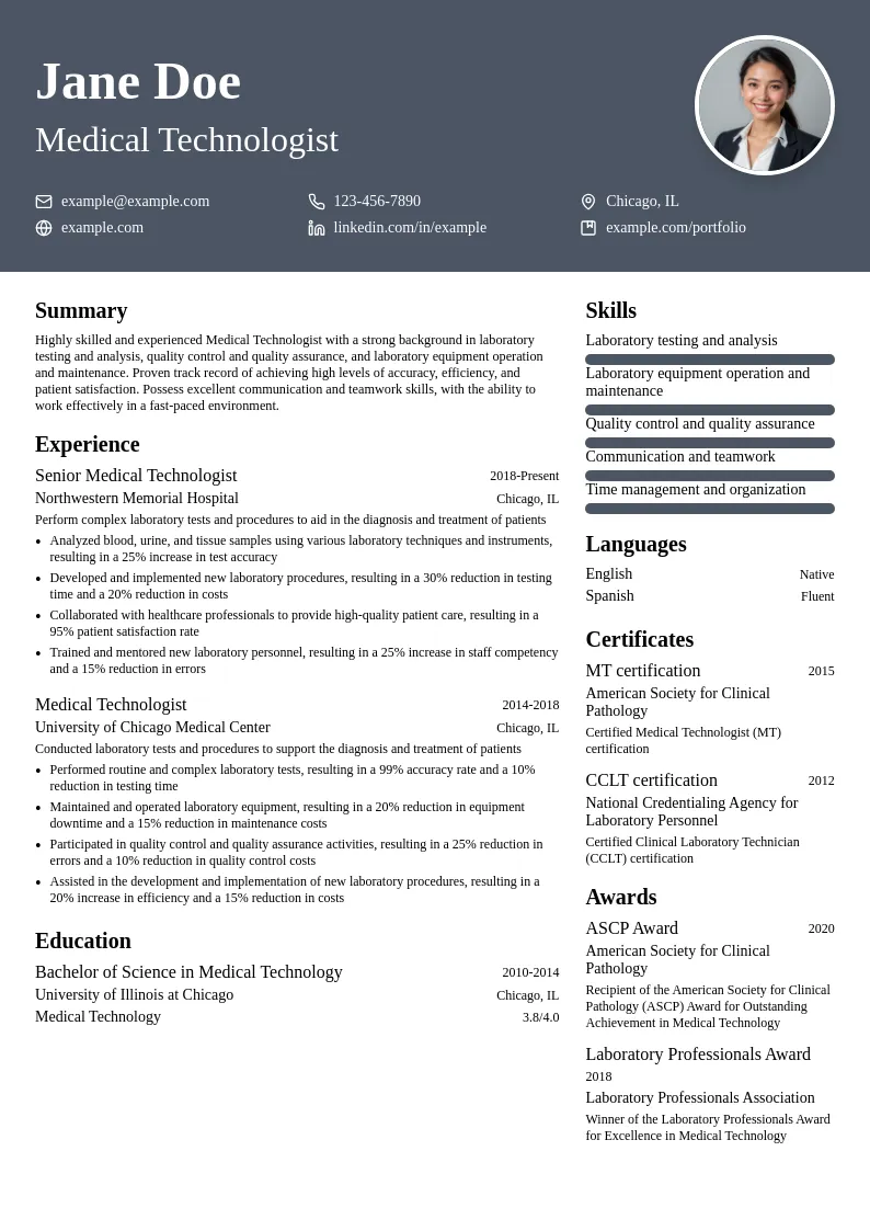 Medical Technologist (MT) resume example