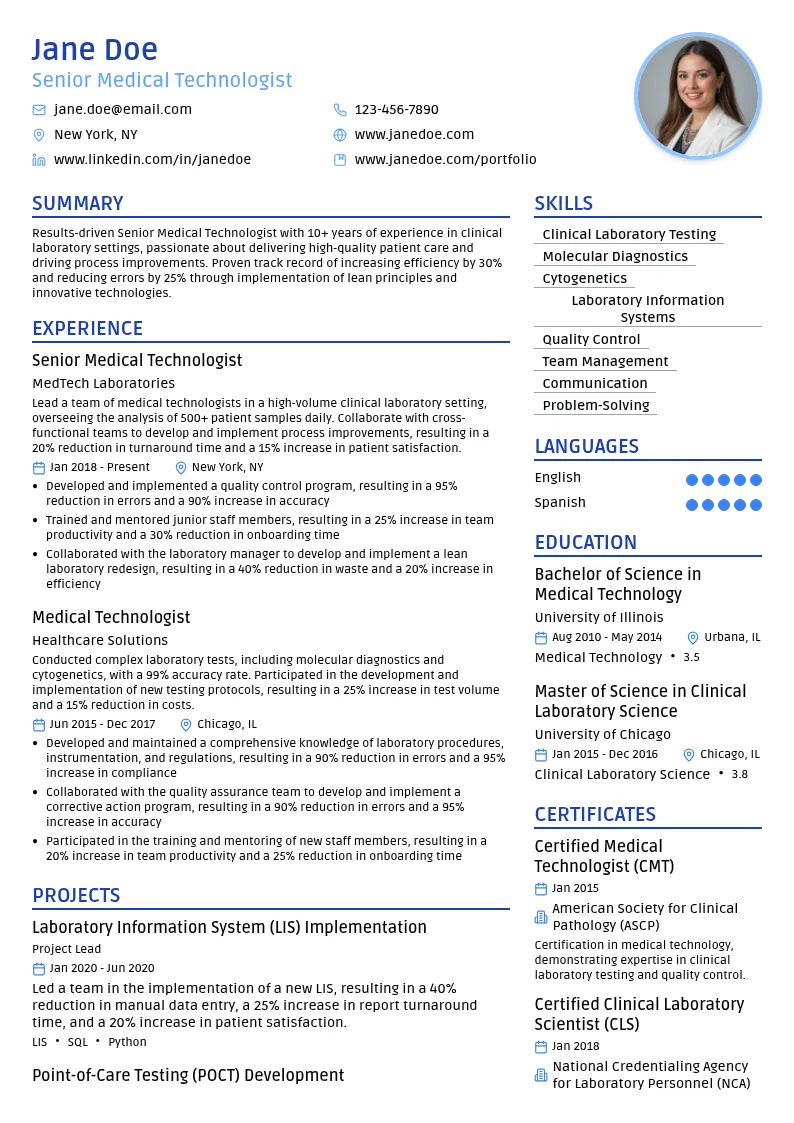 Senior Medical Technologist resume example