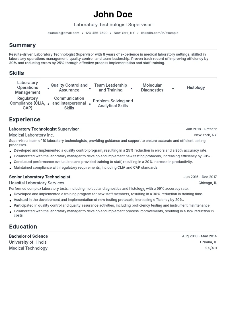 Laboratory Technologist Supervisor resume example