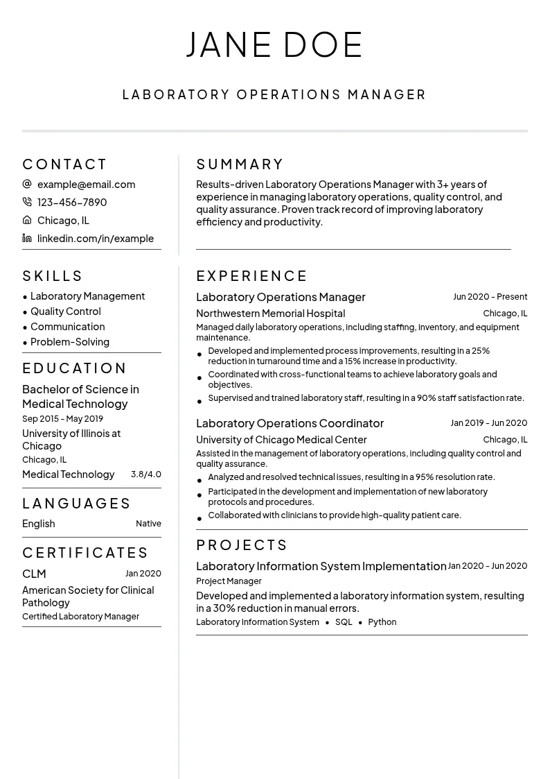 Laboratory Operations Manager resume example