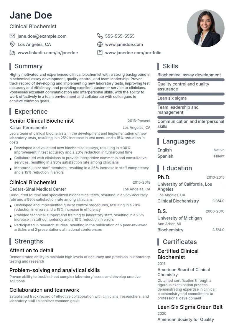 Clinical Biochemist resume example