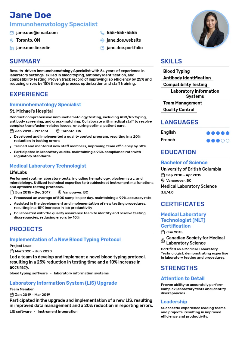 Immunohematology Specialist resume example