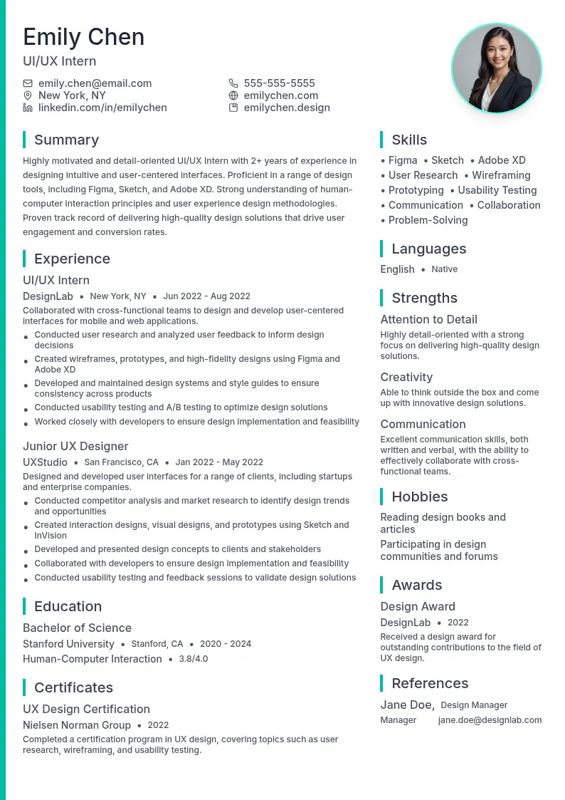 UI/UX Intern resume example