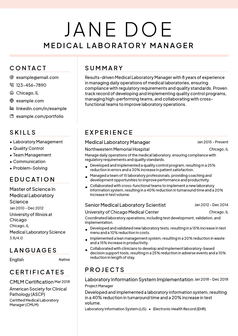 Medical Laboratory Manager resume example