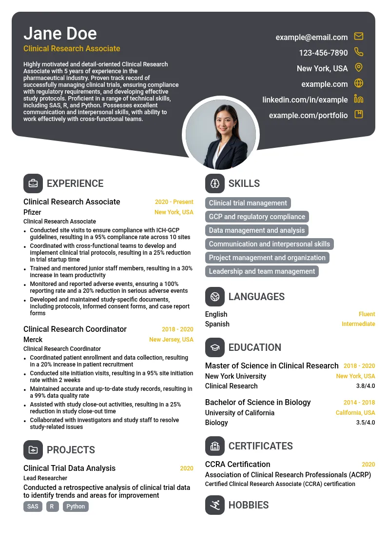 Clinical Research Associate resume example