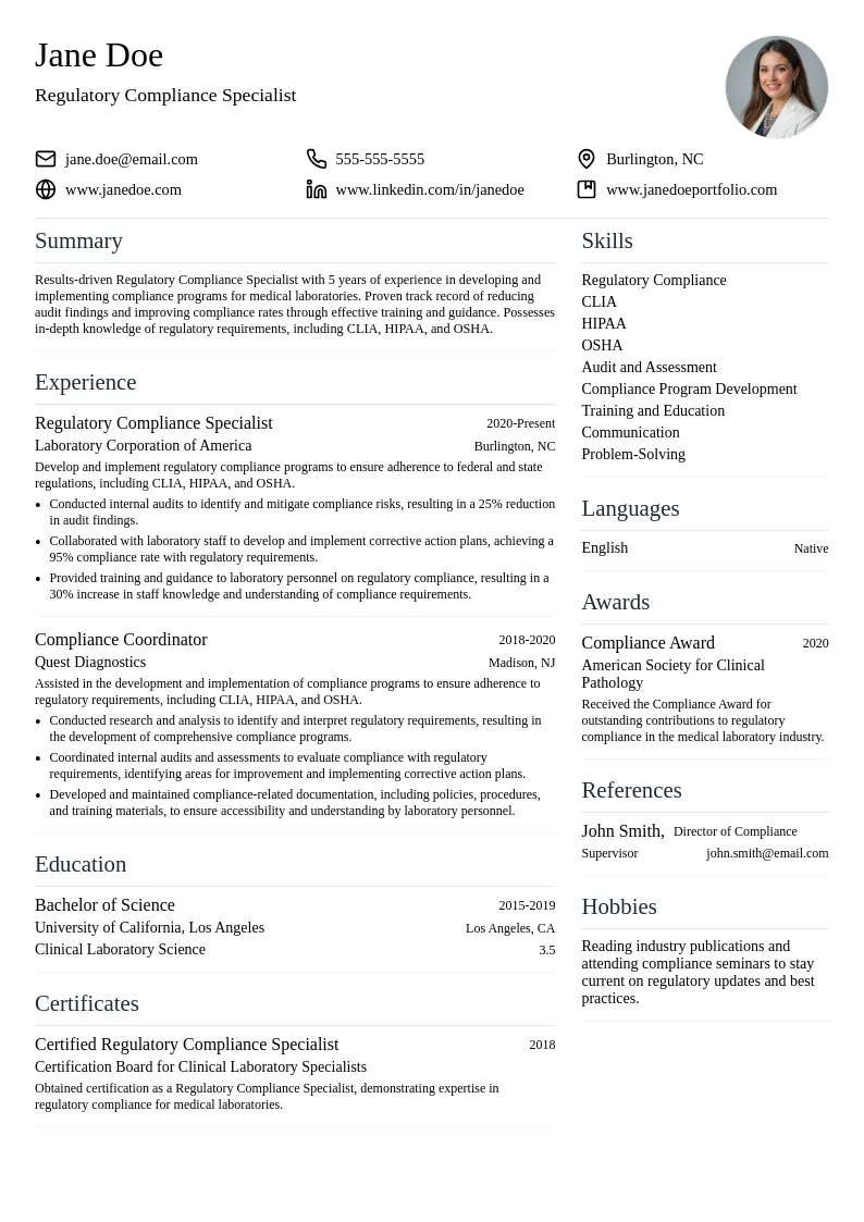 Regulatory Compliance Specialist  resume example