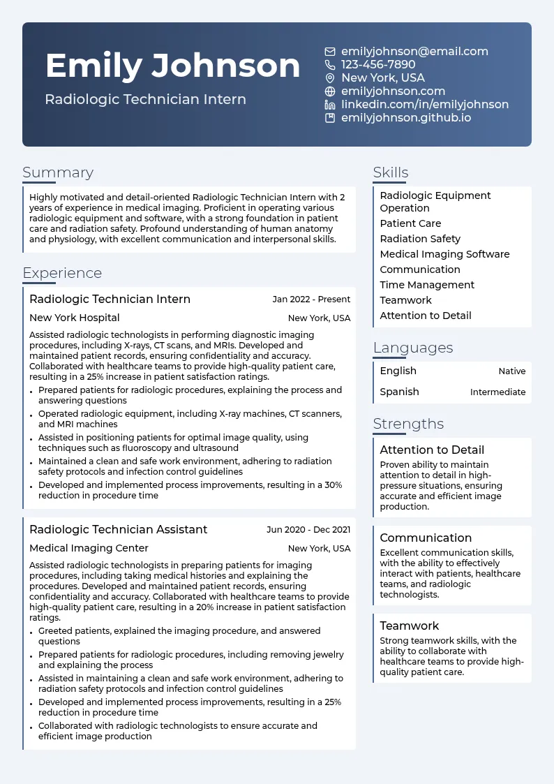 Radiologic Technician Intern resume example
