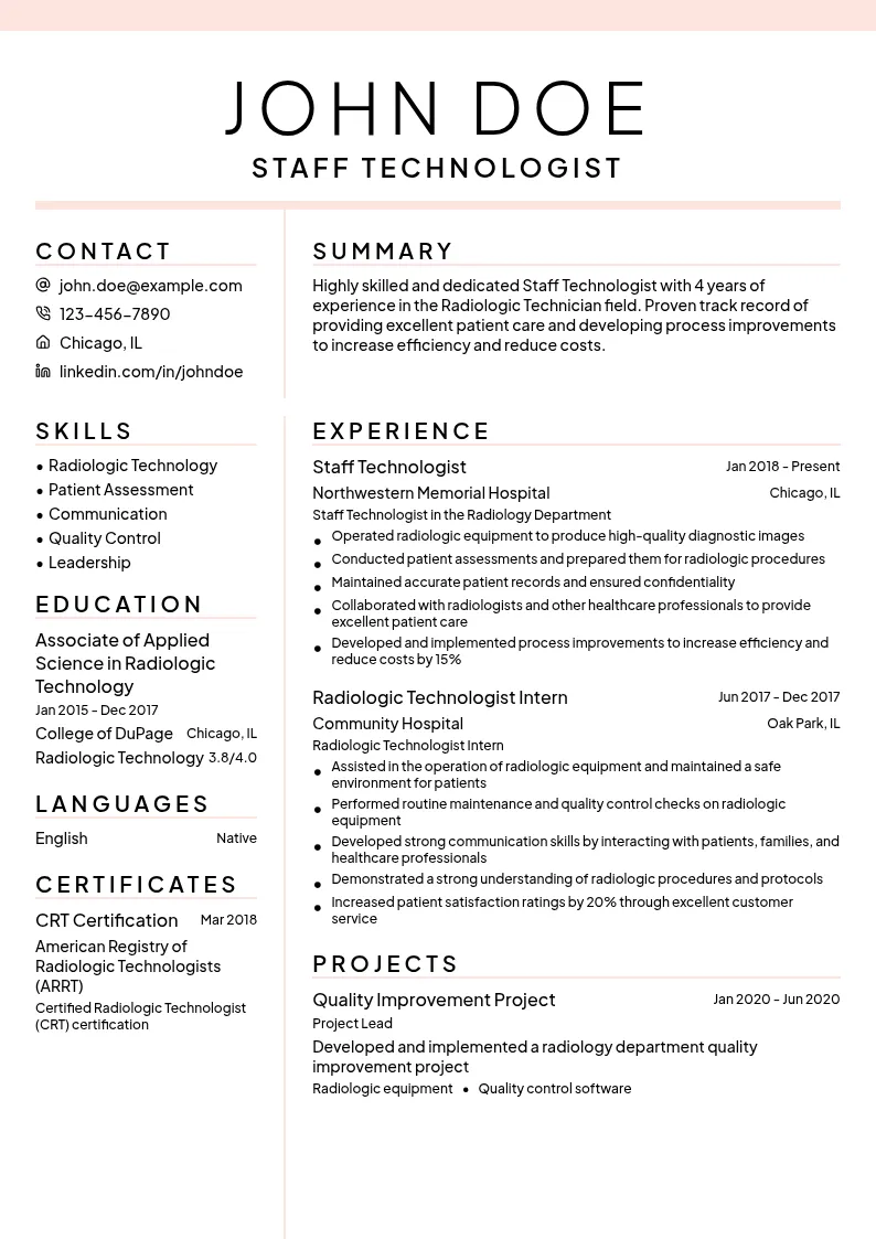 Staff Technologist resume example