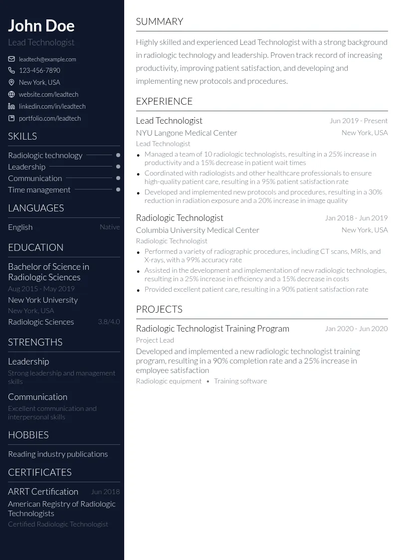 Lead Technologist resume example