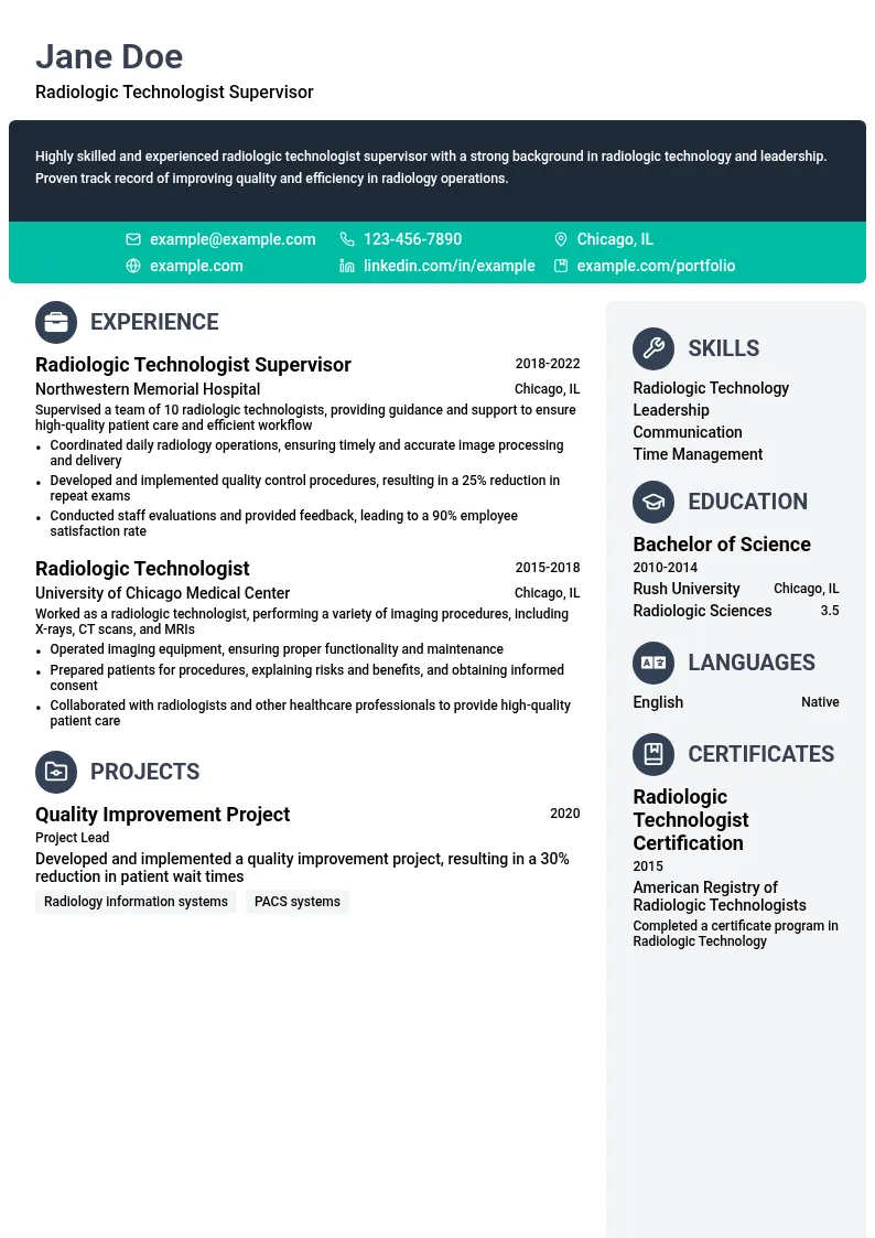 Radiologic Technologist Supervisor resume example