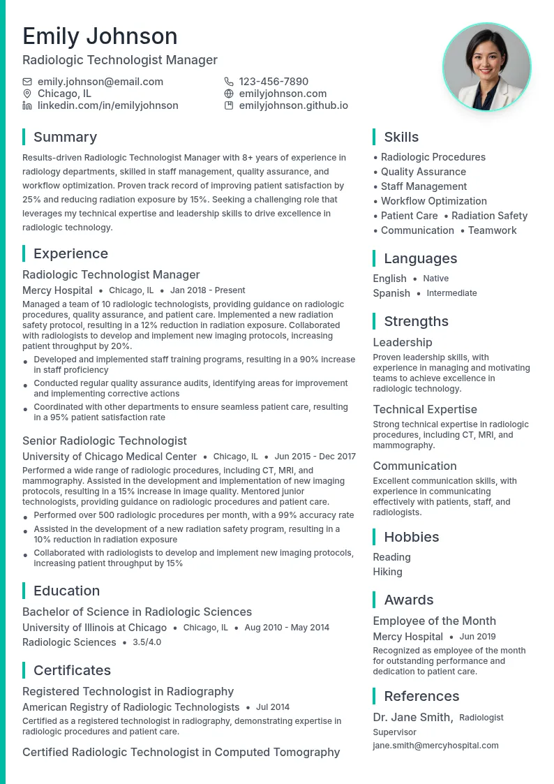 Radiologic Technologist Manager resume example