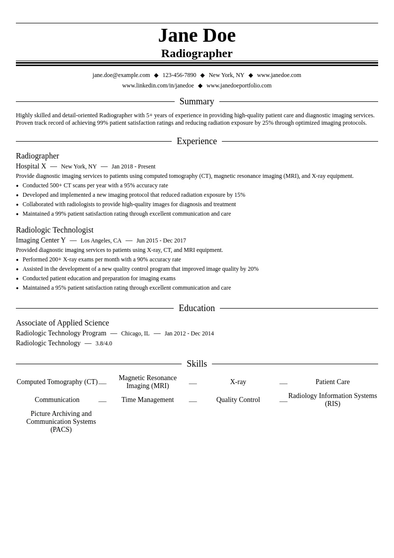 Radiographer resume example