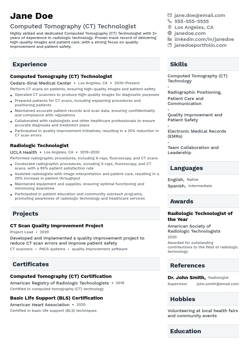 Computed Tomography (CT) Technologist resume example