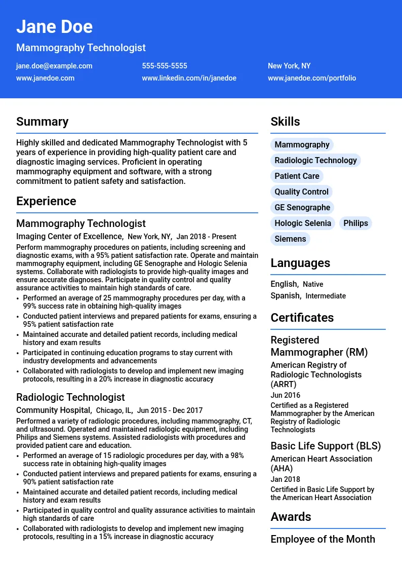 Mammography Technologist resume example