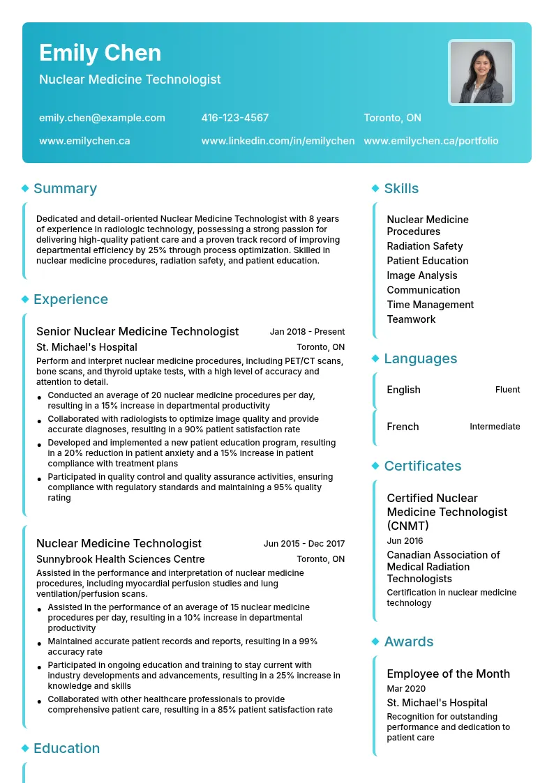 Nuclear Medicine Technologist resume example