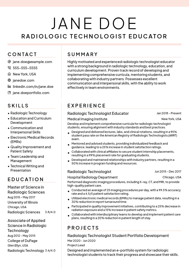 Radiologic Technologist Educator resume example