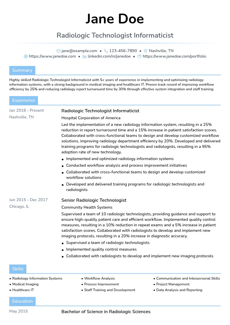 Radiologic Technologist Informaticist resume example