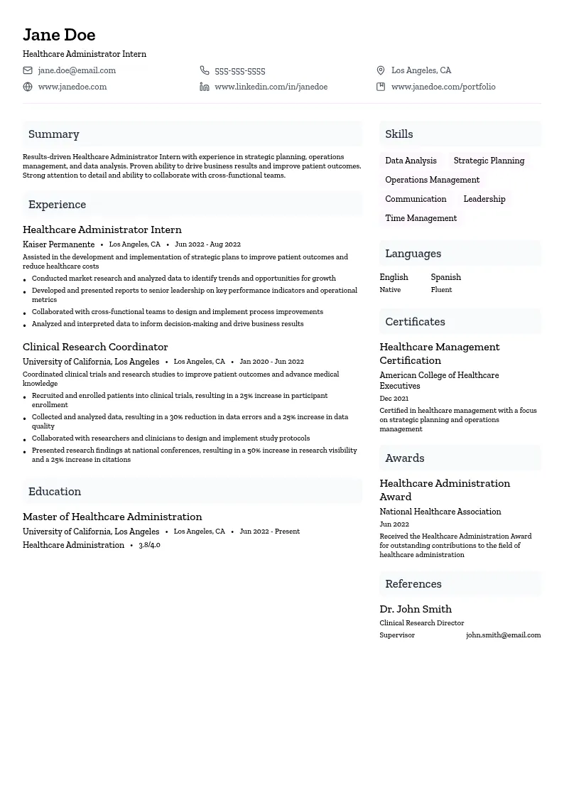 Healthcare Administrator Intern resume example