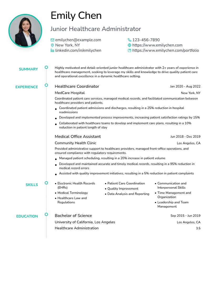 Junior Healthcare Administrator resume example