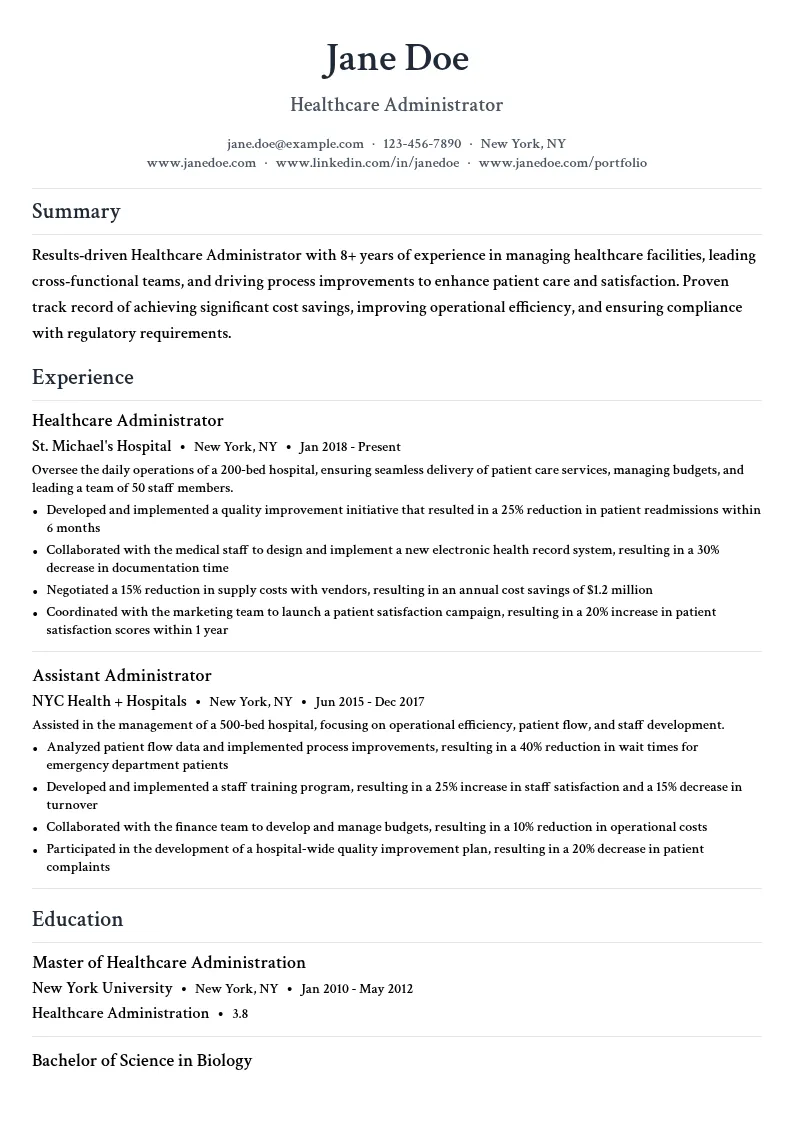 Healthcare Administrator resume example
