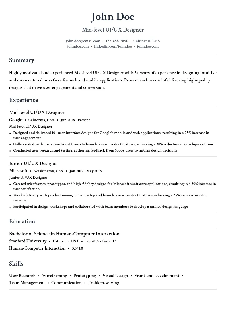 Mid-level UI/UX Designer resume example