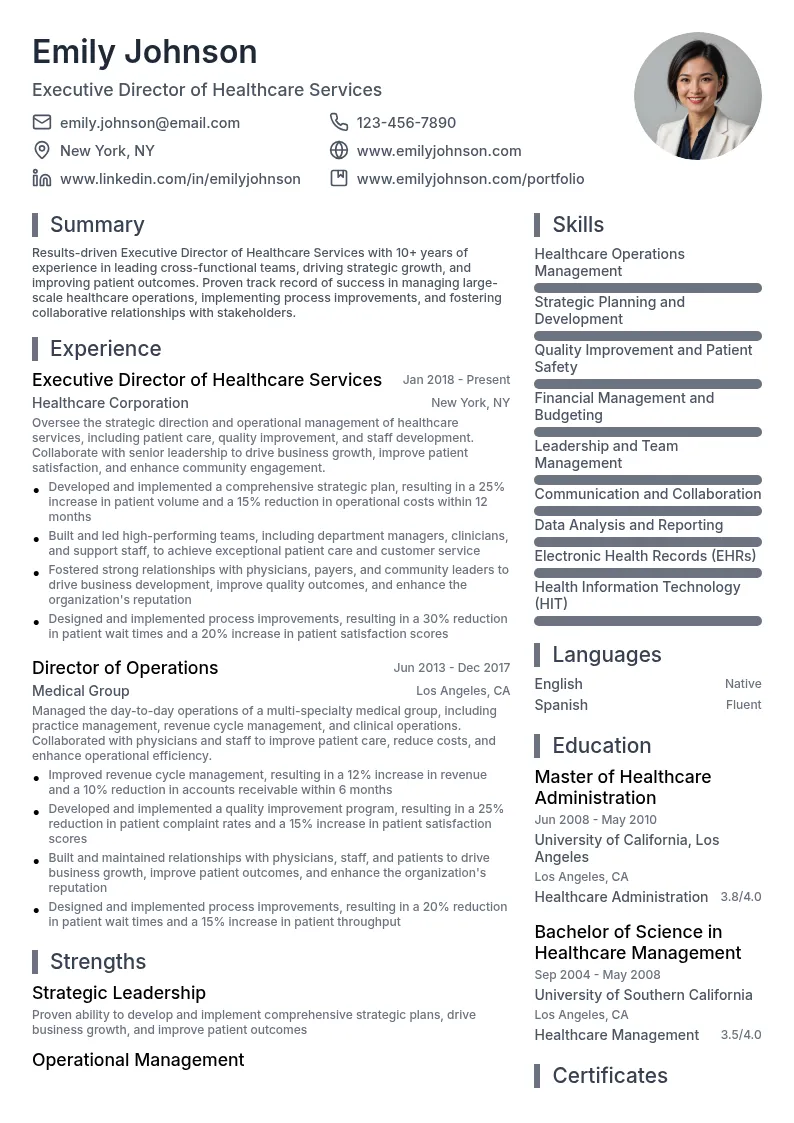 Executive Director of Healthcare Services resume example