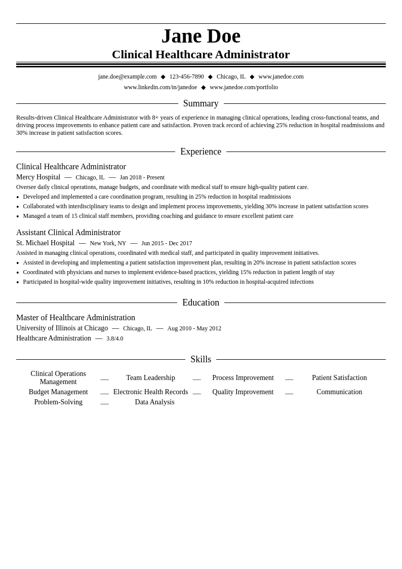 Clinical Healthcare Administrator resume example