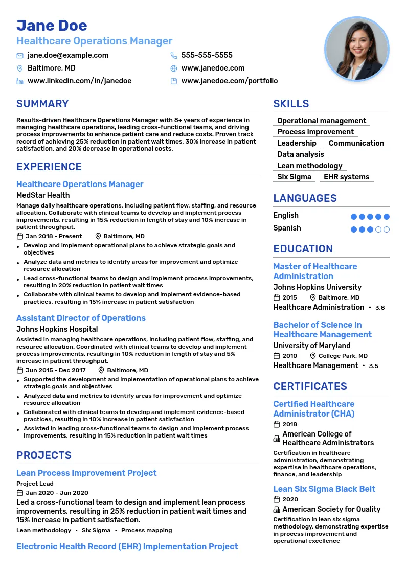 Healthcare Operations Manager resume example