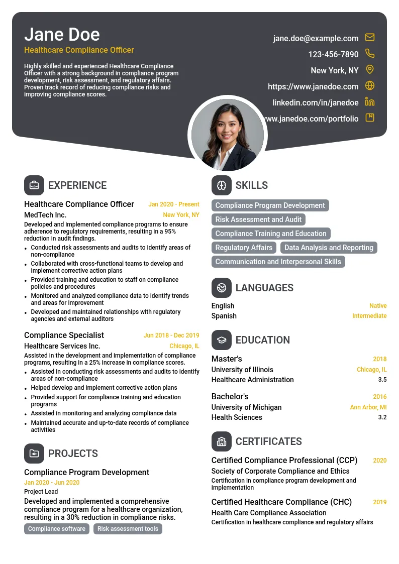 Healthcare Compliance Officer resume example