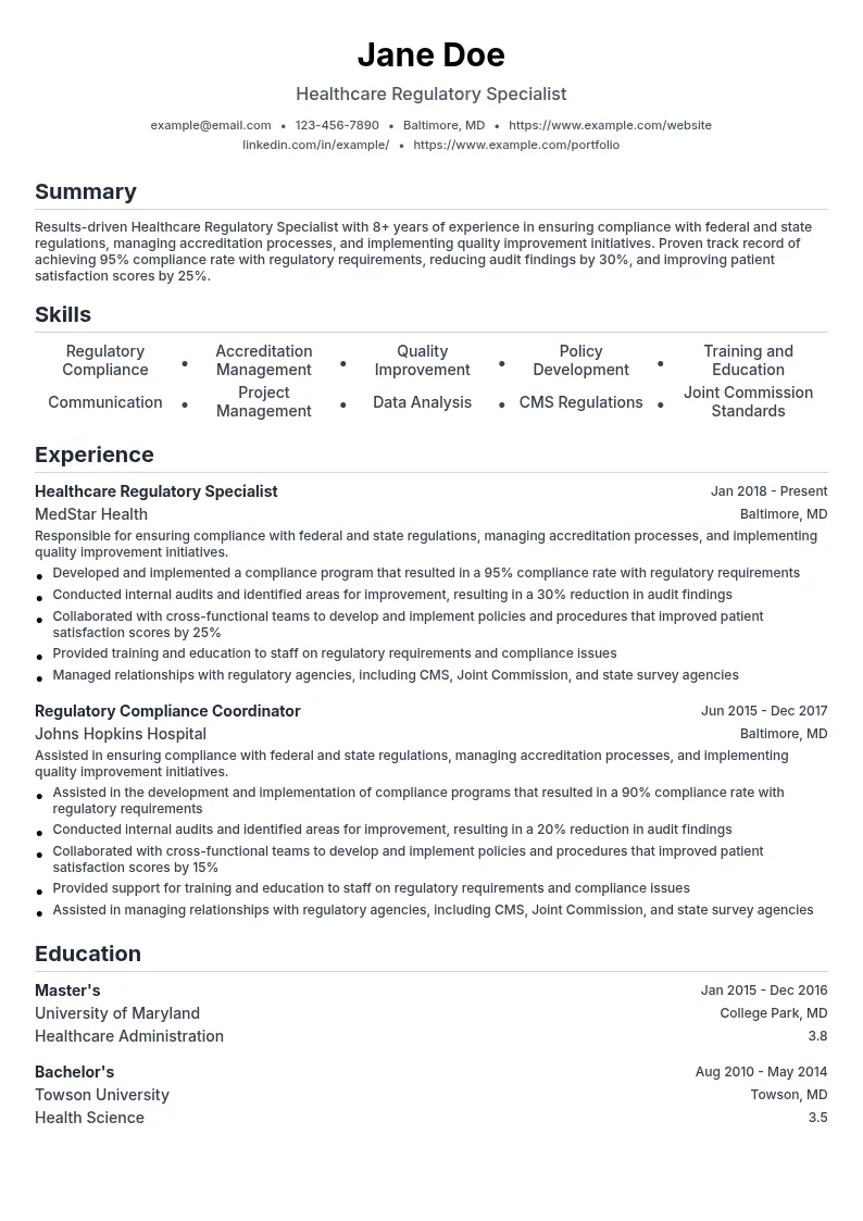 Healthcare Regulatory Specialist resume example