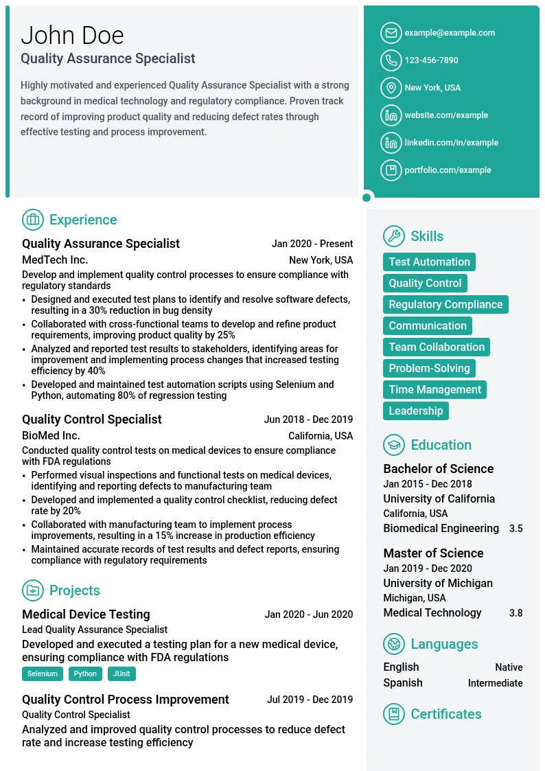 Quality Assurance Specialist resume example