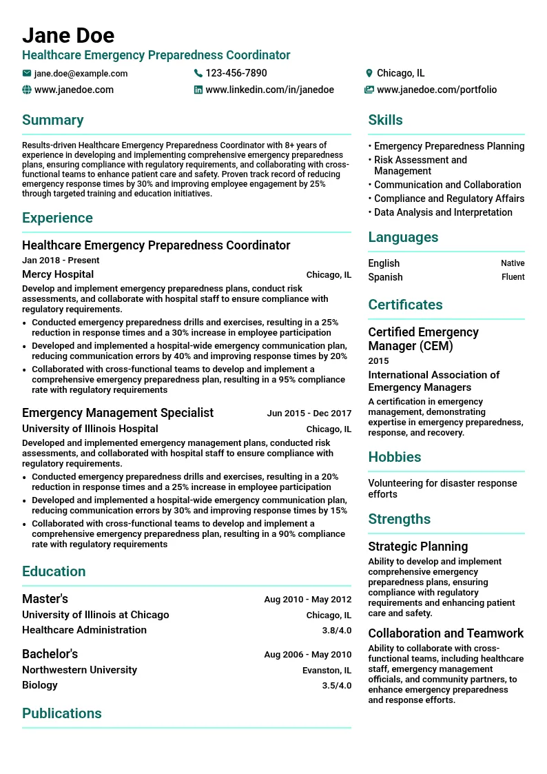 Healthcare Emergency Preparedness Coordinator resume example