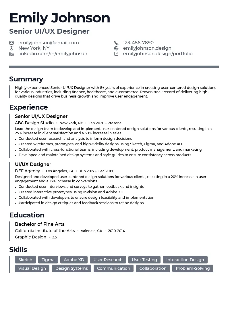Senior UI/UX Designer resume example