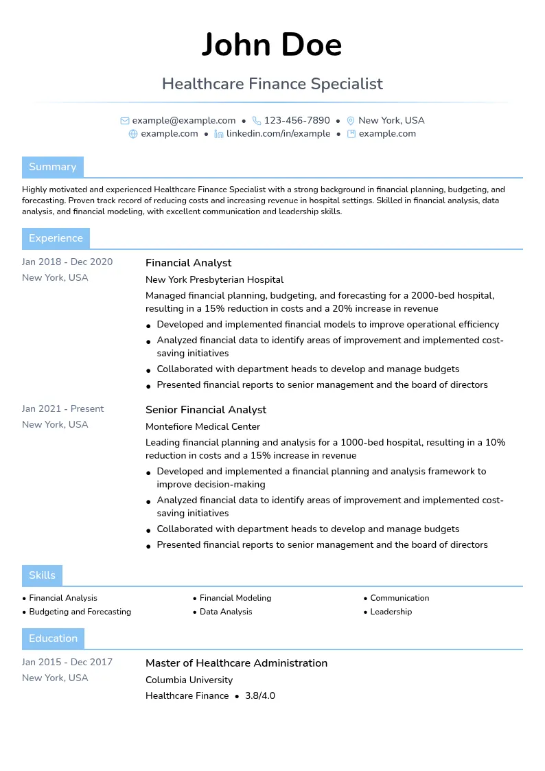 Healthcare Finance Specialist resume example