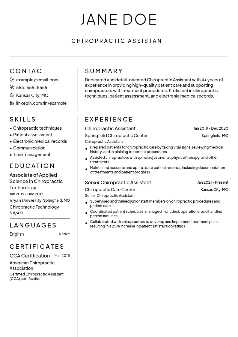 Chiropractic Assistant resume example