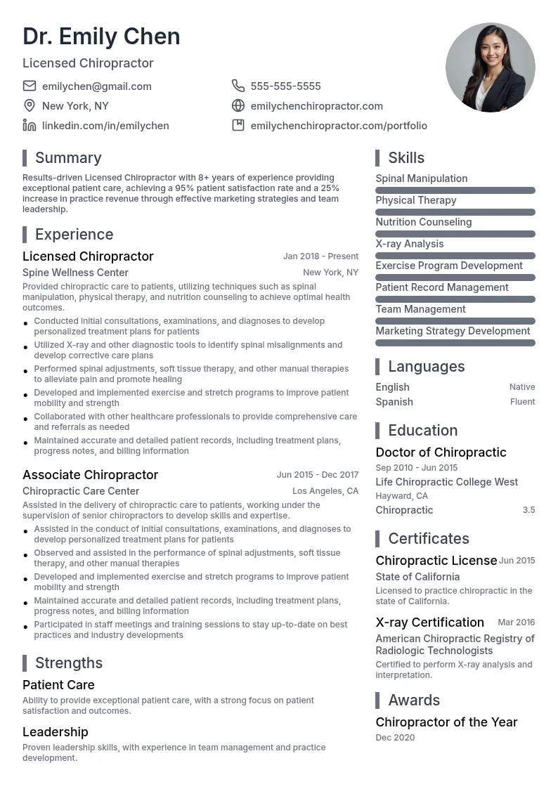 Licensed Chiropractor resume example