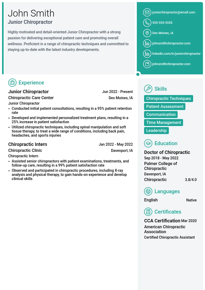 Junior Chiropractor resume example