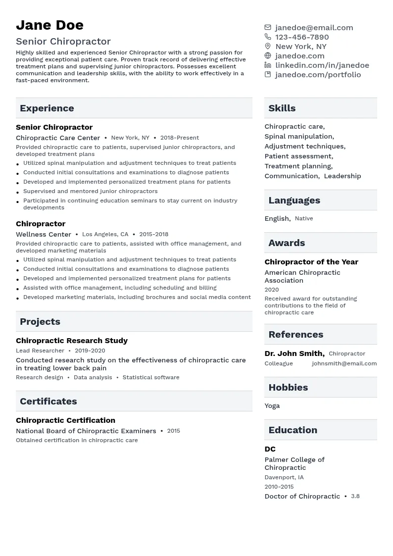 Senior Chiropractor resume example