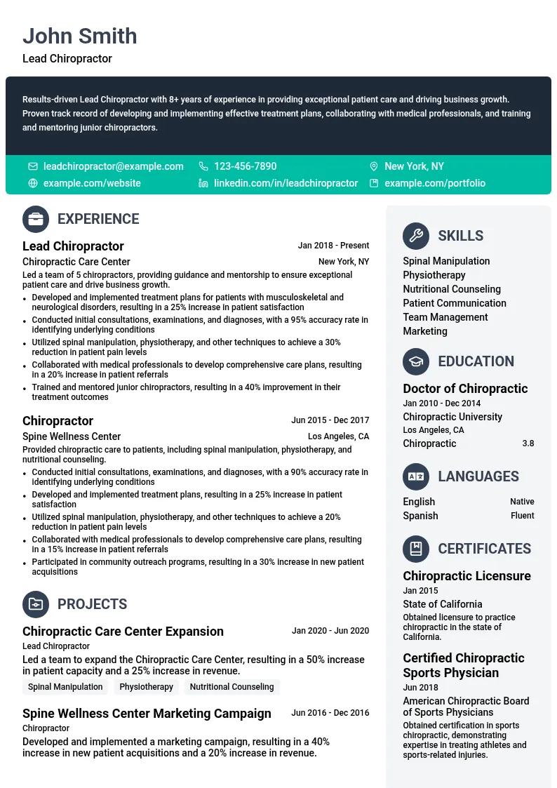 Lead Chiropractor resume example