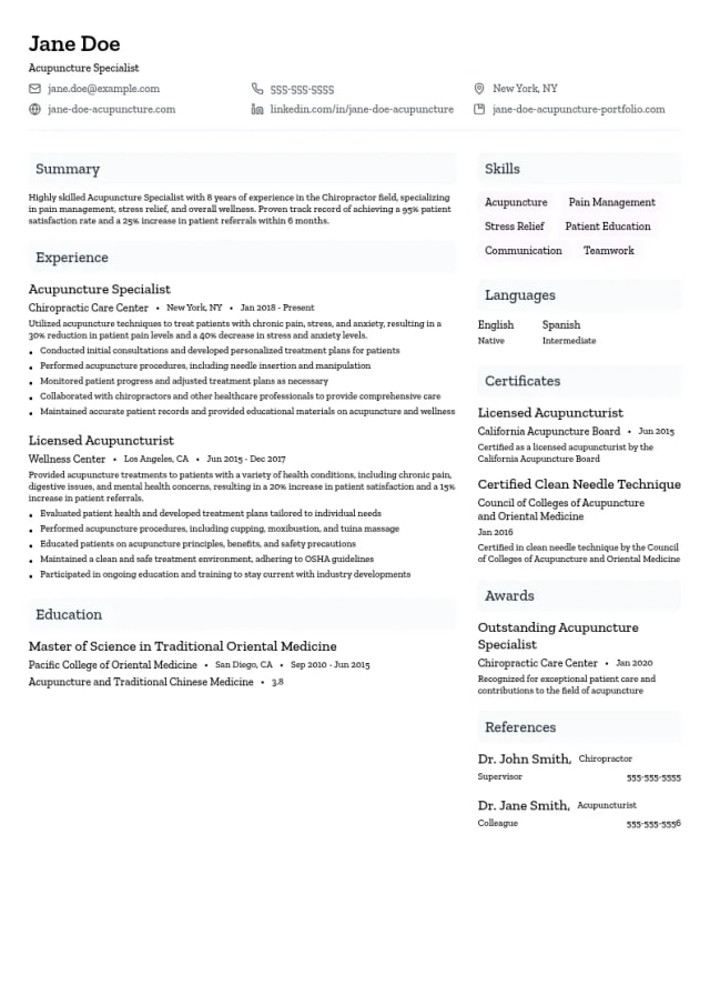 Acupuncture Specialist resume example