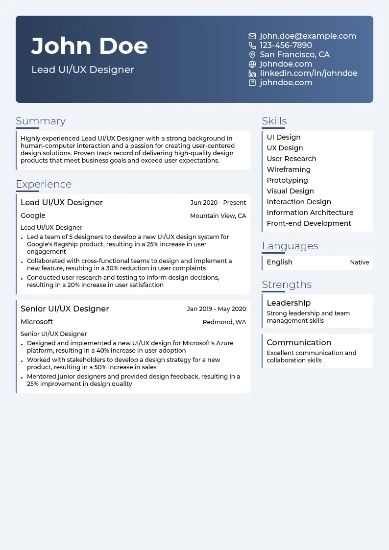 Lead UI/UX Designer resume example