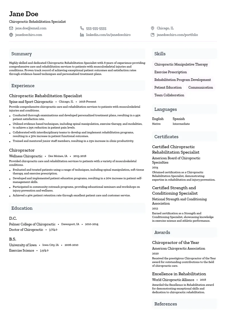 Chiropractic Rehabilitation Specialist resume example