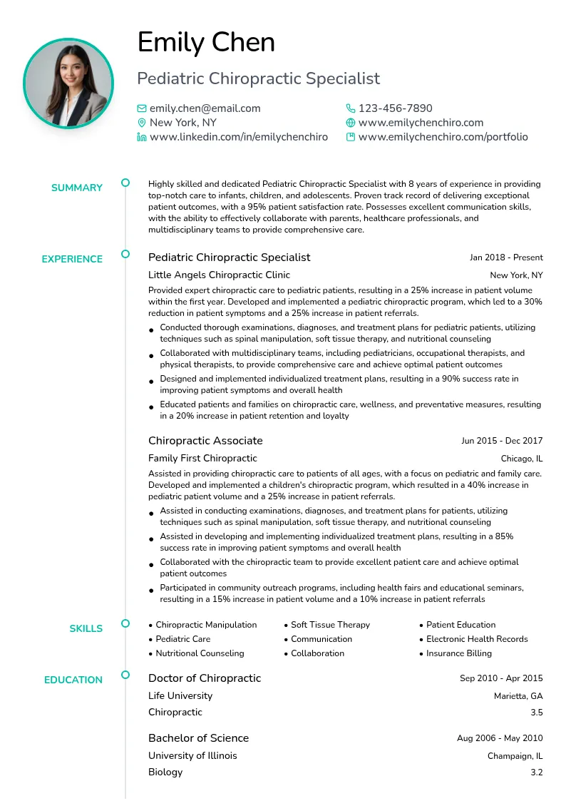 Pediatric Chiropractic Specialist resume example