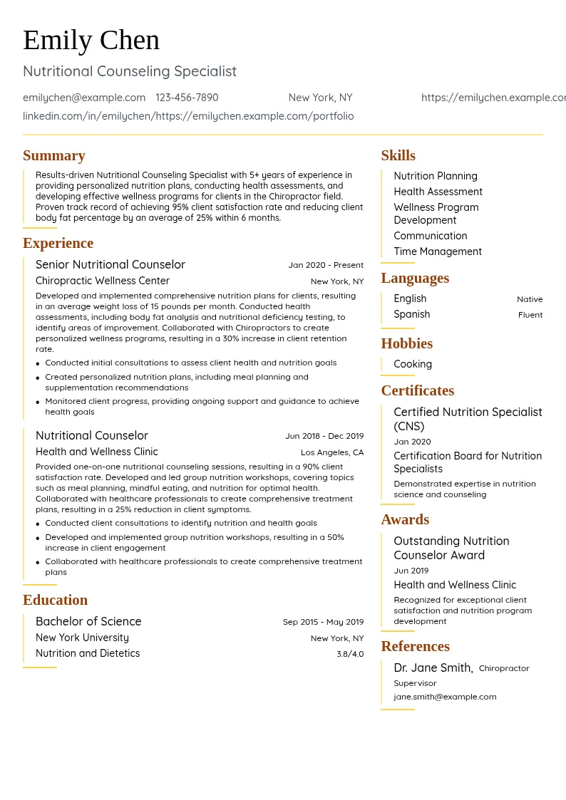 Nutritional Counseling Specialist resume example