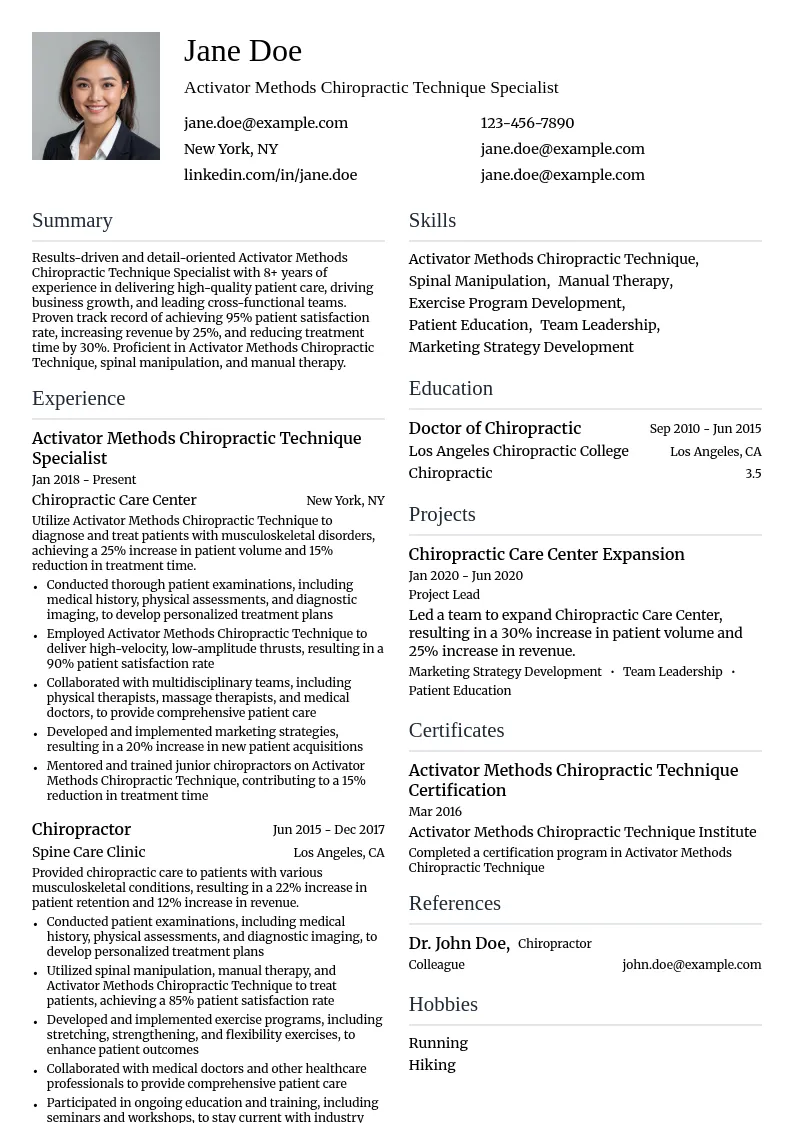 Activator Methods Chiropractic Technique Specialist resume example