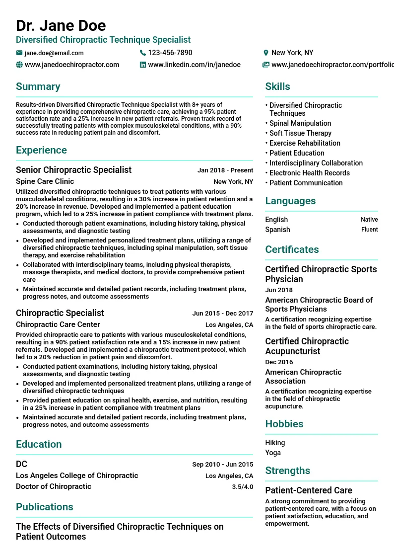 Diversified Chiropractic Technique Specialist resume example