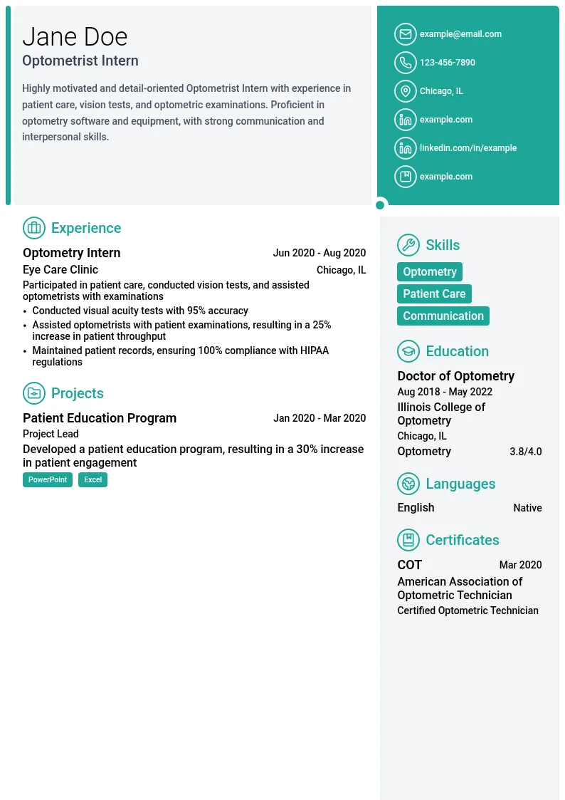 Optometrist Intern resume example