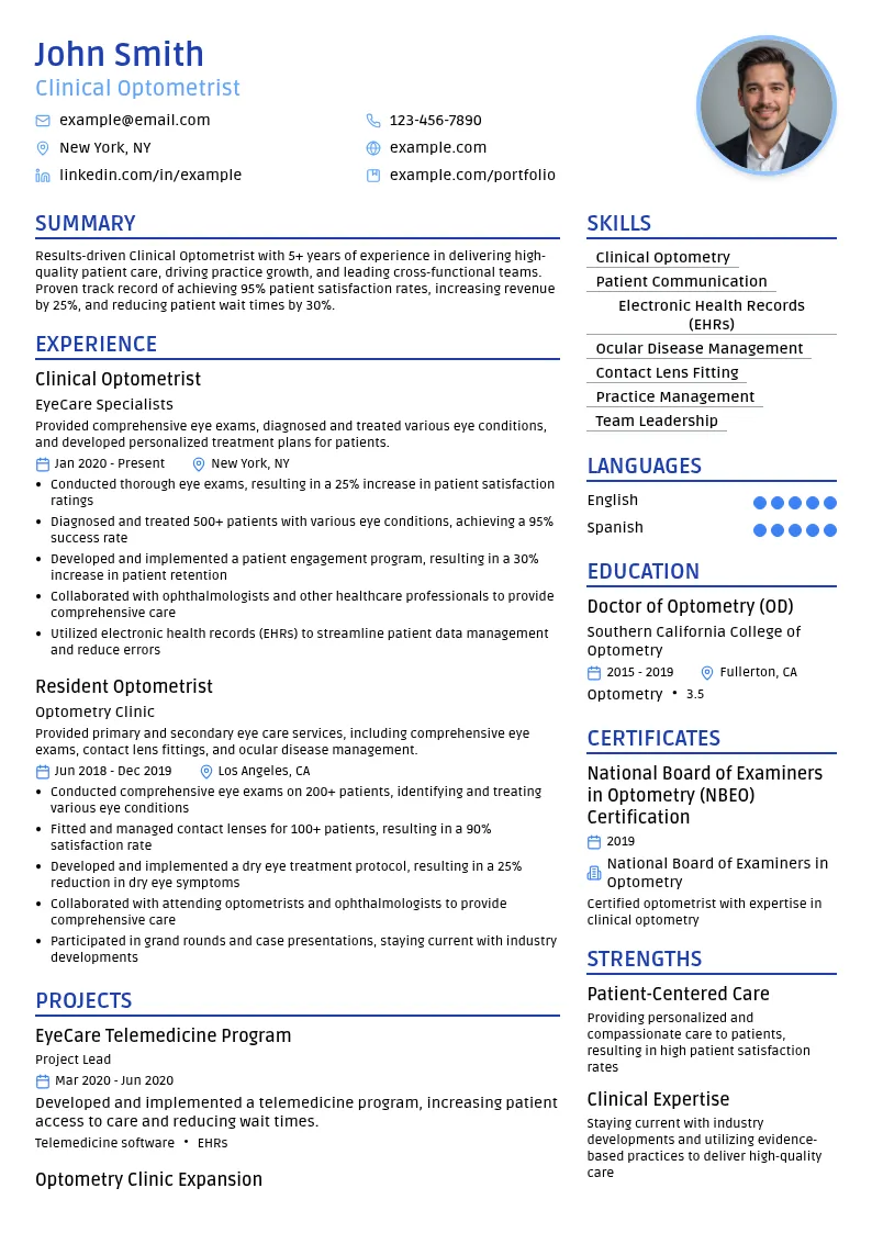 Clinical Optometrist resume example
