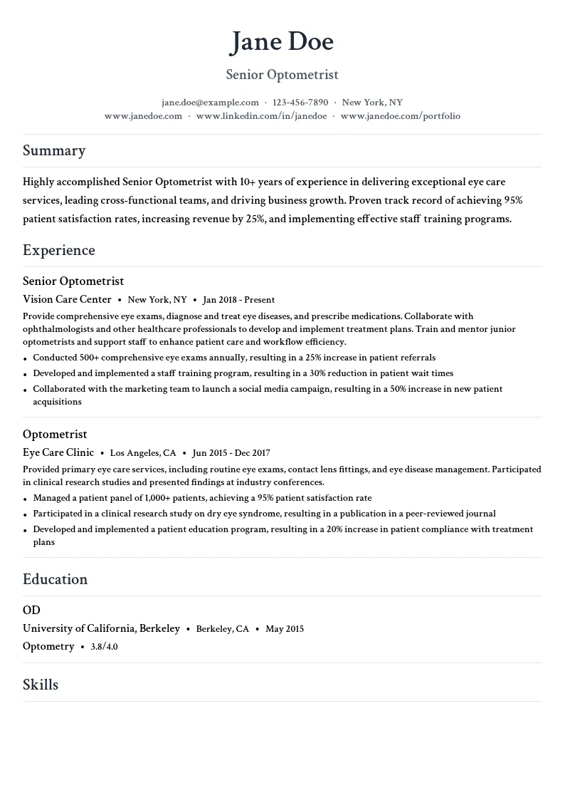 Senior Optometrist resume example