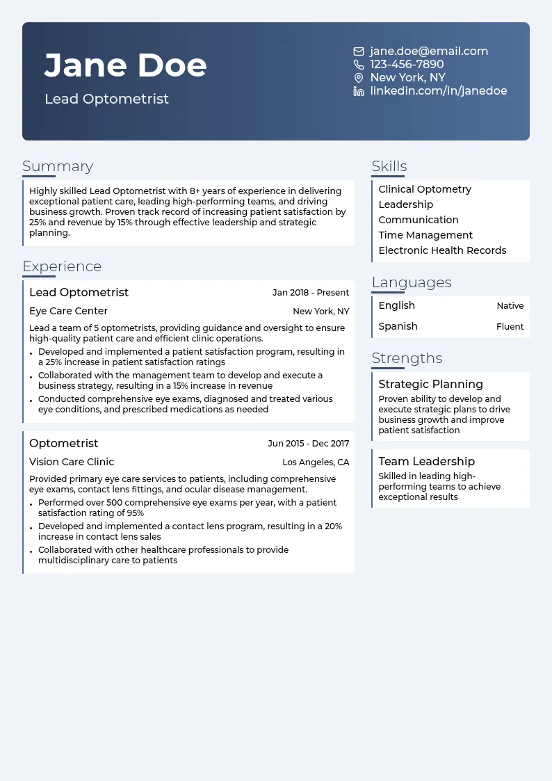 Lead Optometrist resume example